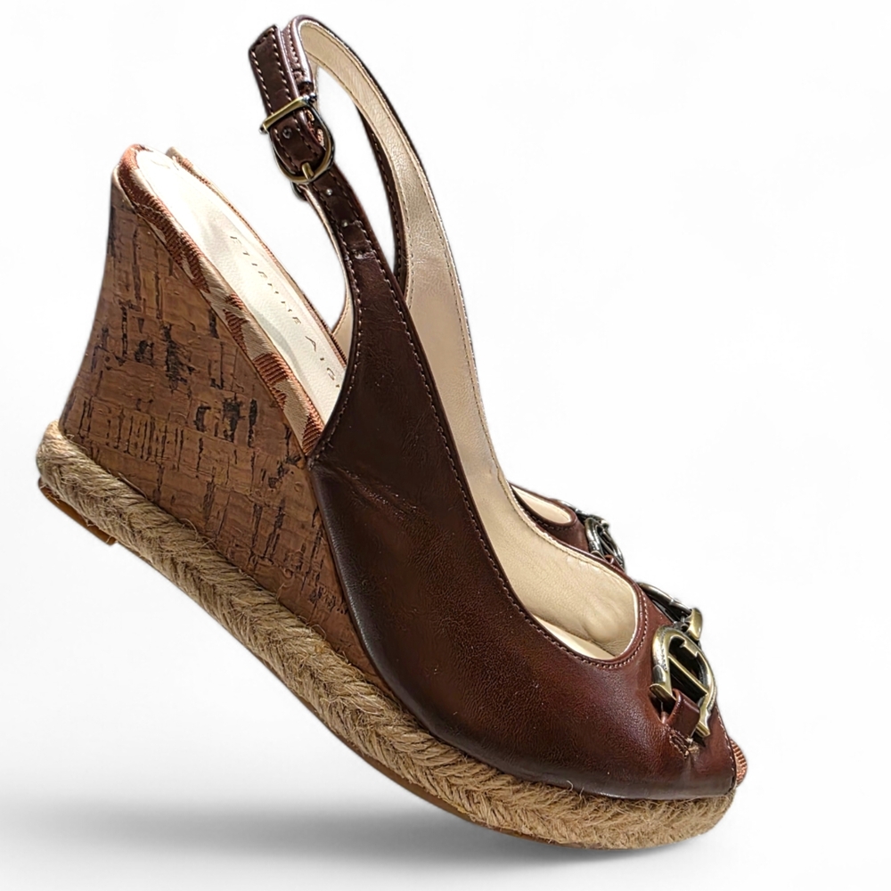 Etienne Aigner "Olexa" Brown Leather Wedge Slingback Sandals Size 6 - Picture 3 of 9